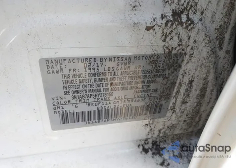 2017 Nissan Sentra Sv z USA, uszkodzony, nr VIN 3N1AB7AP5HY276150